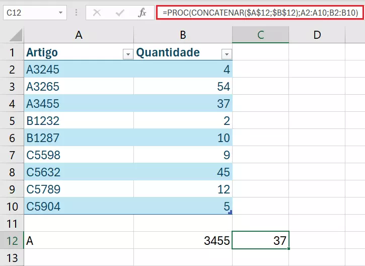 Função PROC do Excel combinada à função CONCATENAR