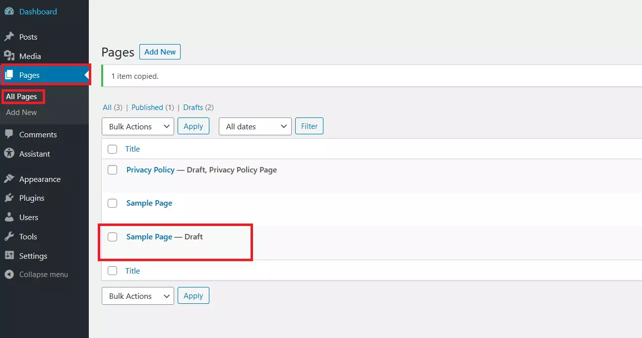 WordPress back-end: “Pages” > “All Pages”, mostrando uma página duplicada