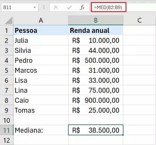 Planilha Excel calcula mediana em conjunto com quantidade par de elementos