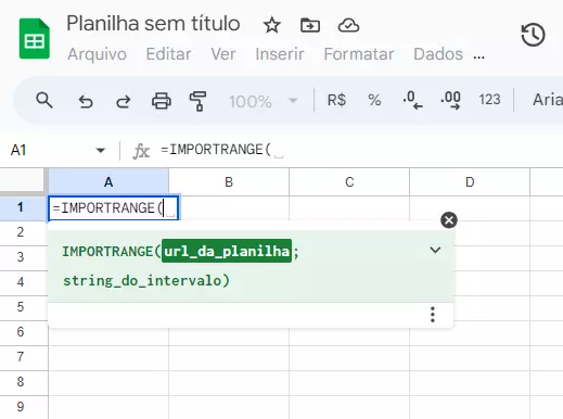 Captura de tela da função IMPORTRANGE inserida em uma planilha do Google Sheets