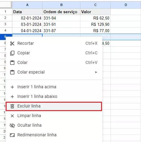 Opção Excluir linha do Google Sheets, acessada por meio do botão direito do mouse