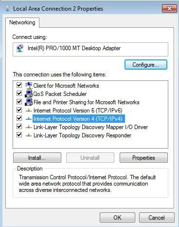 Conexão LAN no Windows 7: configurações de IPv4 no menu Properties