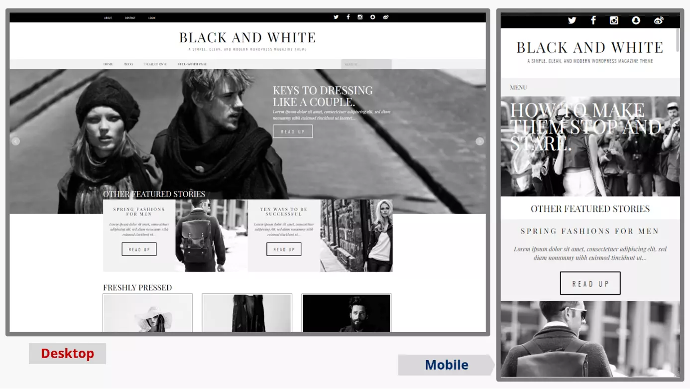 Capturas de tela do tema para blog WordPress Black and White nas versões mobile e desktop