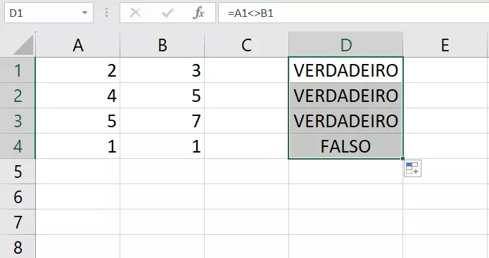 Símbolo diferente do Excel usado para comparar várias condições