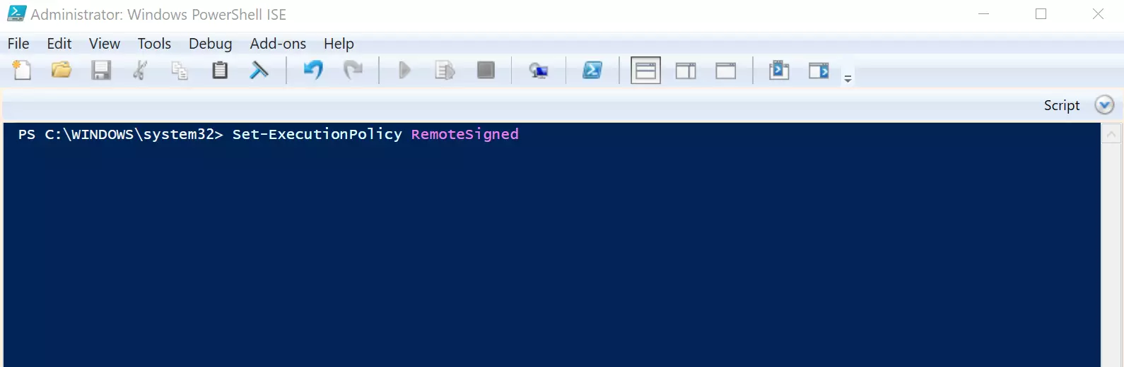 PowerShell ISE com comando que leva às políticas de execução