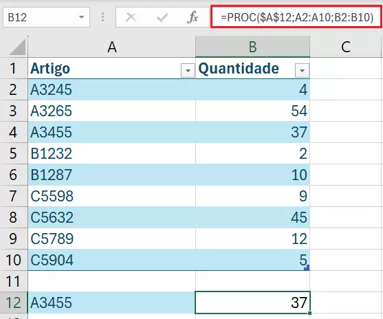 Função PROC do Excel usada para configurar um formulário de pesquisa