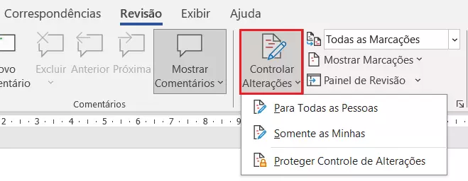 Botão para ativar o controle de alterações do Word