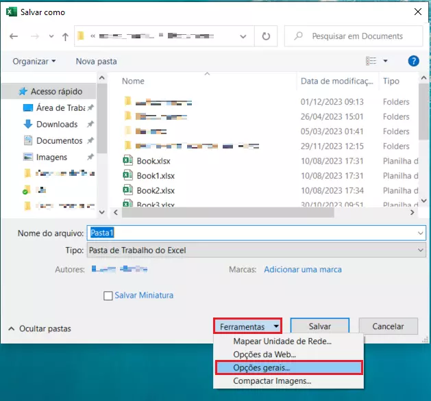 Opções gerais entre as Ferramentas de Salvar como