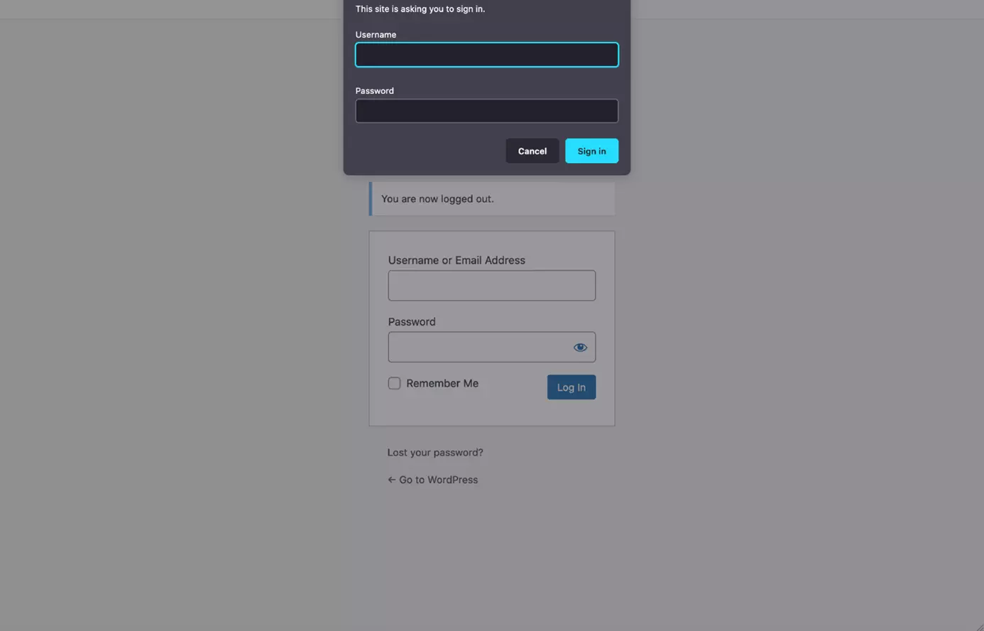 Página WordPress admin login protegida com senha no servidor