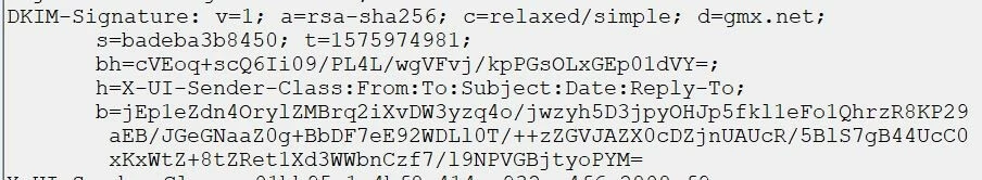 Captura de tela de um cabeçalho de e-mail com parte da assinatura DKIM