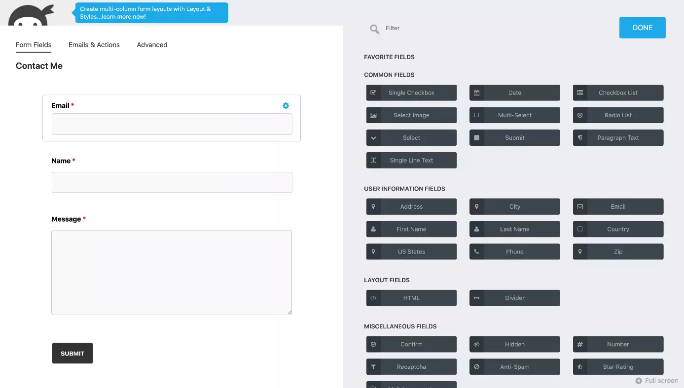 O plugin Ninja Forms tem um editor de arrastar e soltar fácil de usar